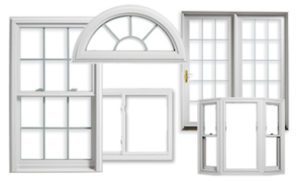 Elegant white replacement windows in classic and modern styles stand out against a crisp white background.
