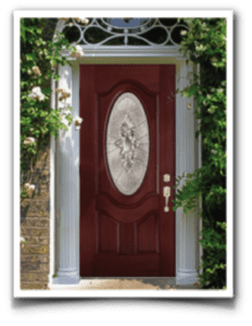 door5-e1627569154332 A vibrant red door with an oval glass panel stands welcoming amid greenery and classic white columns.