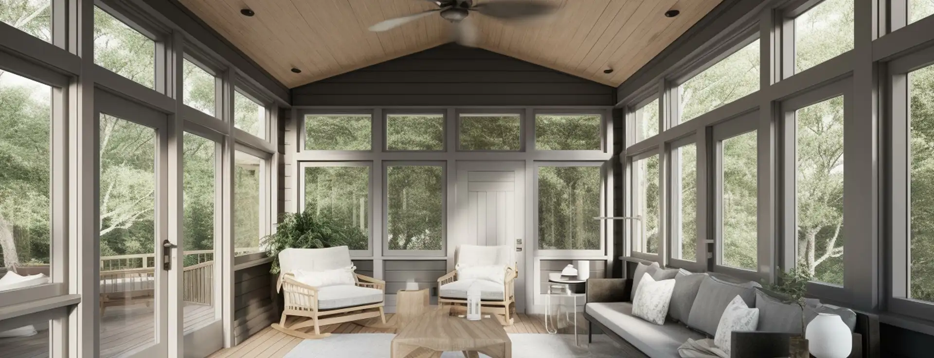 A sunlit, airy room with expansive windows offers a tranquil view of the surrounding woods.